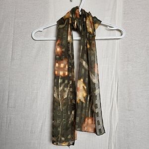 Vintage Sheer Floral Scarf Gold Metallic Square Grid Overleaf Earthy Spring Vibe